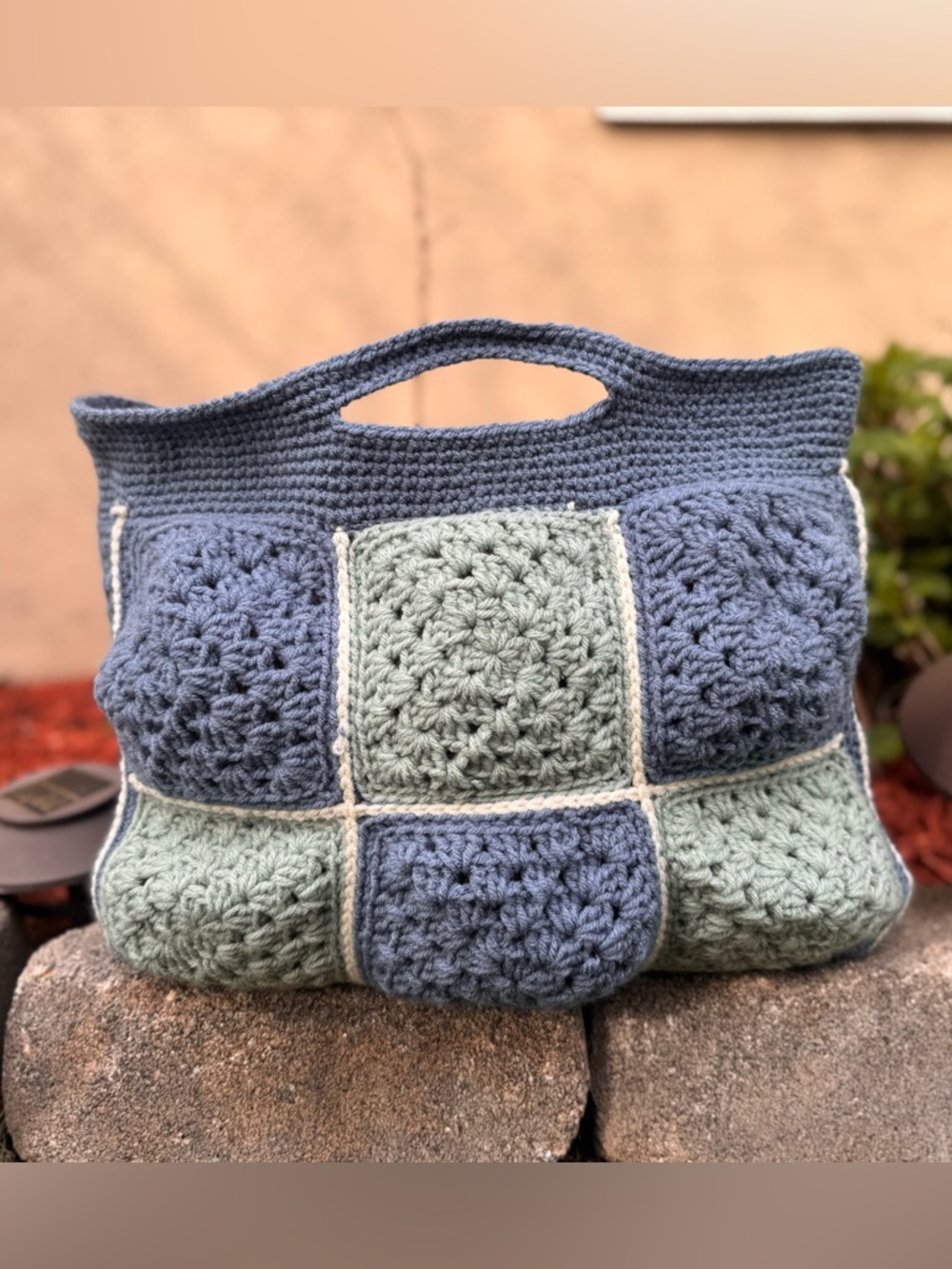 Handmade Crochet Granny Square Tote Bag Blue and Pink Boho Knit Purse - Picture 8 of 10